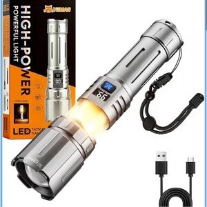 Silver LED Tactical Flashlight with Digital Display and Side Lamp